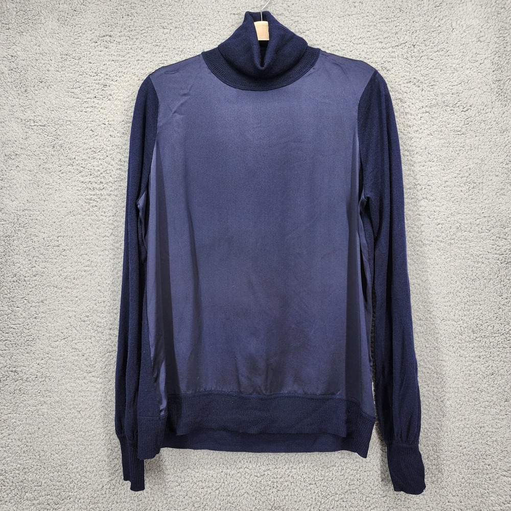 Elie Tahari‎ Navy Blue Silk Front Wool Knit Turtleneck Sweater Womens Medium